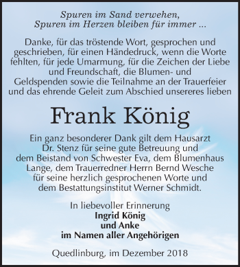 Traueranzeige von Frank König von Mitteldeutsche Zeitung Quedlinburg