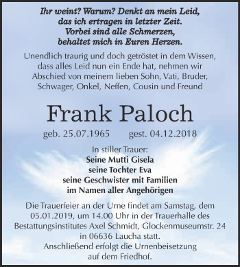 Traueranzeige von Frank Paloch von WVG - Wochenspiegel NMB / WSF / ZTZ