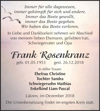 Traueranzeige von Frank Rosenkranz von Super Sonntag Merseburg