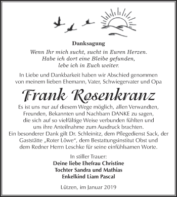 Traueranzeige von Frank Rosenkranz von Super Sonntag Merseburg