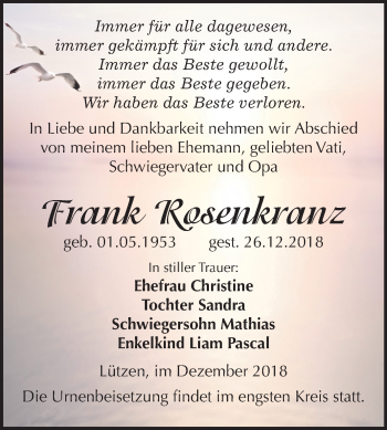 Traueranzeige von Frank Rosenkranz von Mitteldeutsche Zeitung Weißenfels