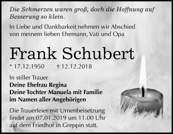 Traueranzeige von Frank Schubert von Mitteldeutsche Zeitung Bitterfeld