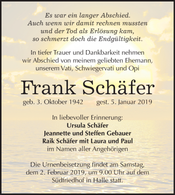 Traueranzeige von Frank Schäfer von Mitteldeutsche Zeitung Halle/Saalkreis