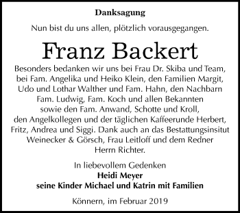 Traueranzeige von Franz Backert von Mitteldeutsche Zeitung Bernburg
