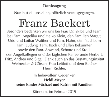 Traueranzeige von Franz Backert von Super Sonntag Bernburg