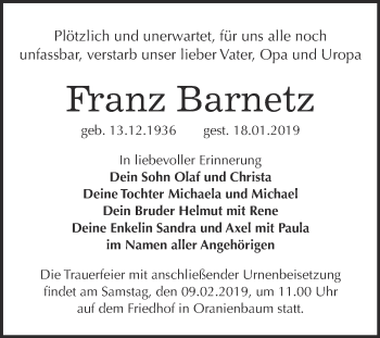 Traueranzeige von Franz Barnetz von Super Sonntag Wittenberg