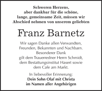 Traueranzeige von Franz Barnetz von Super Sonntag Wittenberg