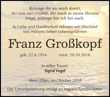 Traueranzeige von Franz Großkopf von Mitteldeutsche Zeitung Köthen