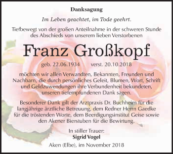 Traueranzeige von Franz Großkopf von WVG - Wochenspiegel Dessau / Köthen