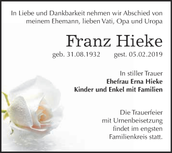 Traueranzeige von Franz Hieke von Super Sonntag Bernburg