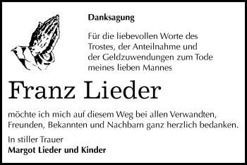 Traueranzeige von Franz Lieder von Mitteldeutsche Zeitung Dessau-Roßlau