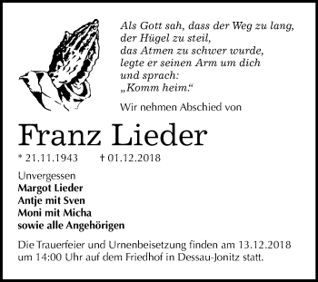 Traueranzeige von Franz Lieder von Mitteldeutsche Zeitung Dessau-Roßlau
