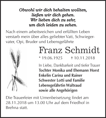 Traueranzeige von Franz Schmidt von WVG - Wochenspiegel Bitterfeld