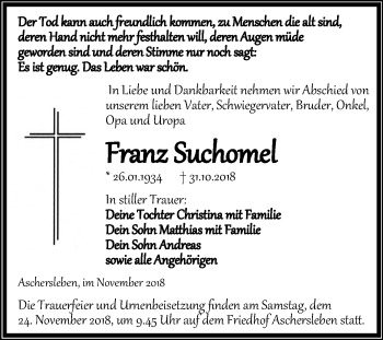 Traueranzeige von Franz Suchomel von Mitteldeutsche Zeitung Aschersleben