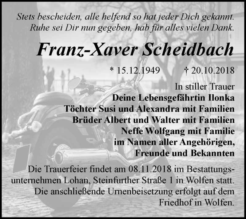 Traueranzeige für Franz-Xaver Scheidbach vom 03.11.2018 aus Mitteldeutsche Zeitung Bitterfeld