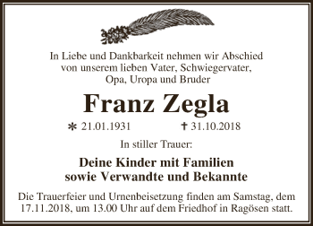 Traueranzeige von Franz Zegla von WVG - Wochenspiegel Dessau / Köthen