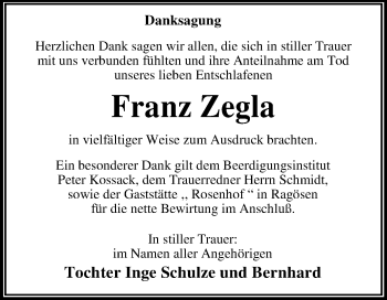 Traueranzeige von Franz Zegla von WVG - Wochenspiegel Dessau / Köthen