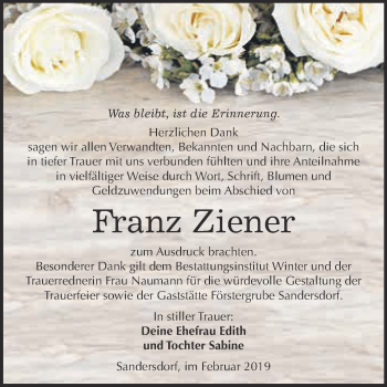 Traueranzeige von Franz Ziener von WVG - Wochenspiegel Bitterfeld