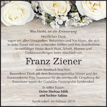 Traueranzeige von Franz Ziener von Mitteldeutsche Zeitung Bitterfeld