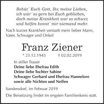 Traueranzeige von Franz Ziener von WVG - Wochenspiegel Bitterfeld