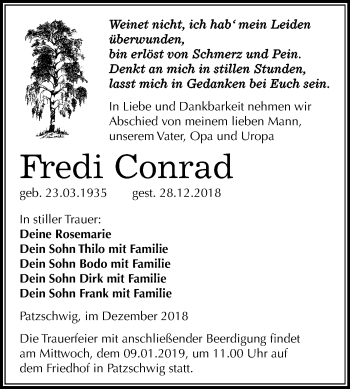 Traueranzeige von Fredi Conrad von Mitteldeutsche Zeitung Wittenberg