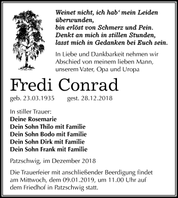 Traueranzeige von Fredi Conrad von WVG - Wochenspiegel Wittenberg