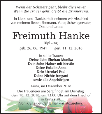 Traueranzeige von Freimuth Hanke von Mitteldeutsche Zeitung Wittenberg