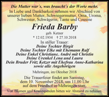 Traueranzeige von Frieda Barby von Mitteldeutsche Zeitung Aschersleben