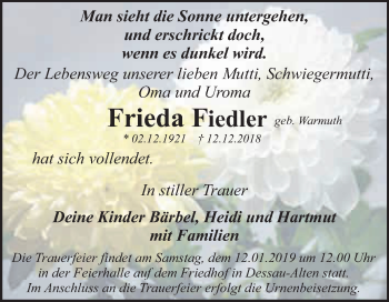 Traueranzeige von Frieda Fiedler von WVG - Wochenspiegel Dessau / Köthen