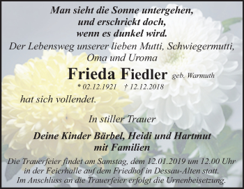 Traueranzeige von Frieda Fiedler von Mitteldeutsche Zeitung Dessau-Roßlau