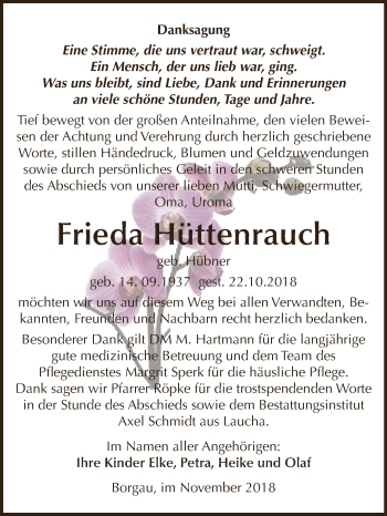 Traueranzeige von Frieda Hüttenrauch von WVG - Wochenspiegel NMB / WSF / ZTZ