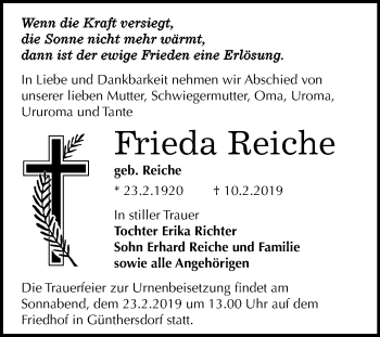 Traueranzeige von Frieda Reiche von WVG - Wochenspiegel Merseburg