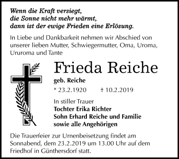 Traueranzeige von Frieda Reiche von Mitteldeutsche Zeitung