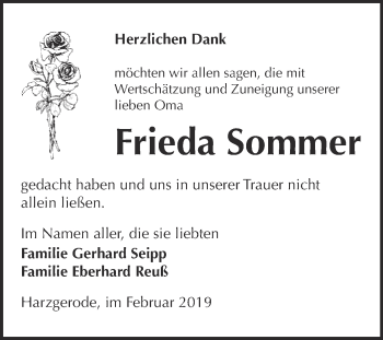 Traueranzeige von Frieda Sommer von Super Sonntag Quedlinburg