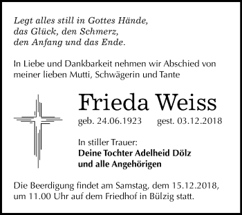 Traueranzeige von Frieda Weiss von Mitteldeutsche Zeitung Wittenberg