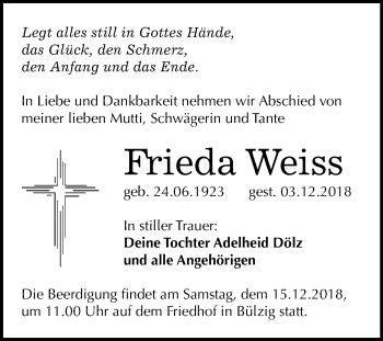 Traueranzeige von Frieda Weiss von WVG - Wochenspiegel Wittenberg