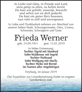 Traueranzeige von Frieda Werner von Mitteldeutsche Zeitung