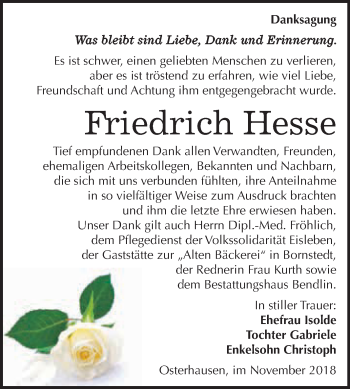 Traueranzeige von Friedrich Hesse von Super Sonntag SGH Mansf. Land