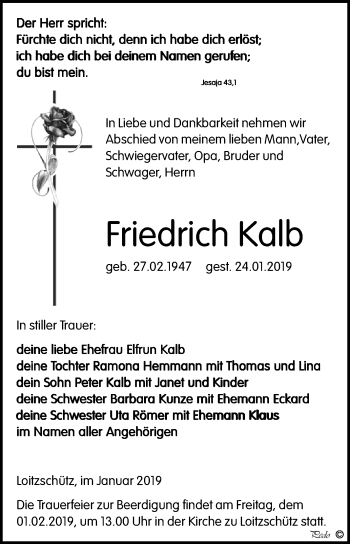 Traueranzeige von Friedrich Kalb von Super Sonntag Zeitz