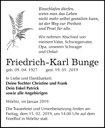 Traueranzeige von Friedrich-Karl Bunge von WVG - Wochenspiegel Wittenberg