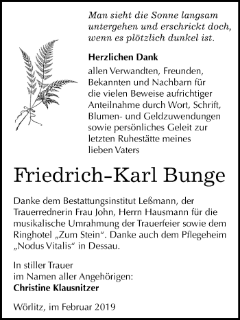 Traueranzeige von Friedrich-Karl Bunge von Mitteldeutsche Zeitung