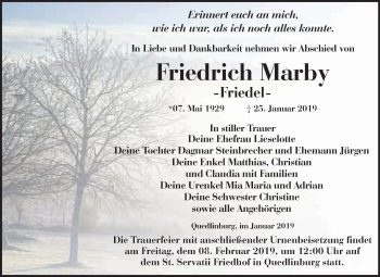 Traueranzeige von Friedrich Marby von WVG - Wochenspiegel Quedlinburg