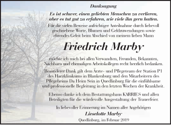 Traueranzeige von Friedrich Marby von WVG - Wochenspiegel Quedlinburg