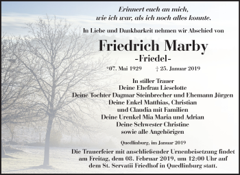 Traueranzeige von Friedrich Marby von Mitteldeutsche Zeitung Quedlinburg