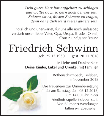 Traueranzeige von Friedrich Schwinn von Super Sonntag SGH Mansf. Land