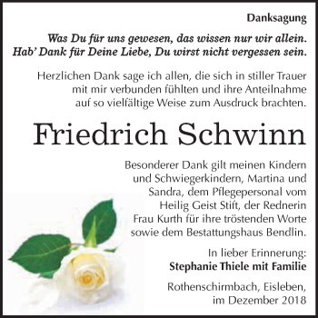 Traueranzeige von Friedrich Schwinn von Super Sonntag SGH Mansf. Land