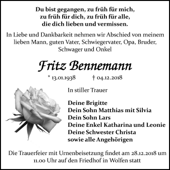 Traueranzeige von Fritz Bennemann von Mitteldeutsche Zeitung Bitterfeld