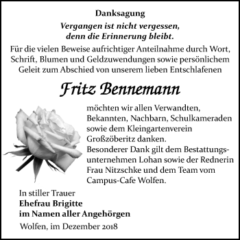 Traueranzeige von Fritz Bennemann von Mitteldeutsche Zeitung Bitterfeld