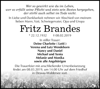Traueranzeige von Fritz Brandes von Mitteldeutsche Zeitung Dessau-Roßlau