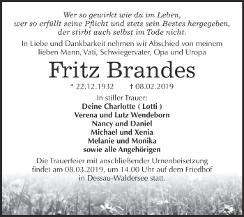 Traueranzeige von Fritz Brandes von WVG - Wochenspiegel Dessau / Köthen